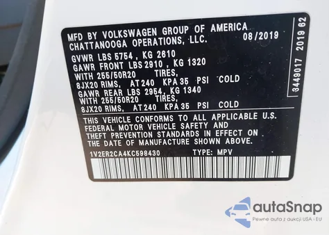 2019 Volkswagen Atlas 3.6L V6 Sel z USA, uszkodzony, nr VIN 1V2ER2CA4KC598430